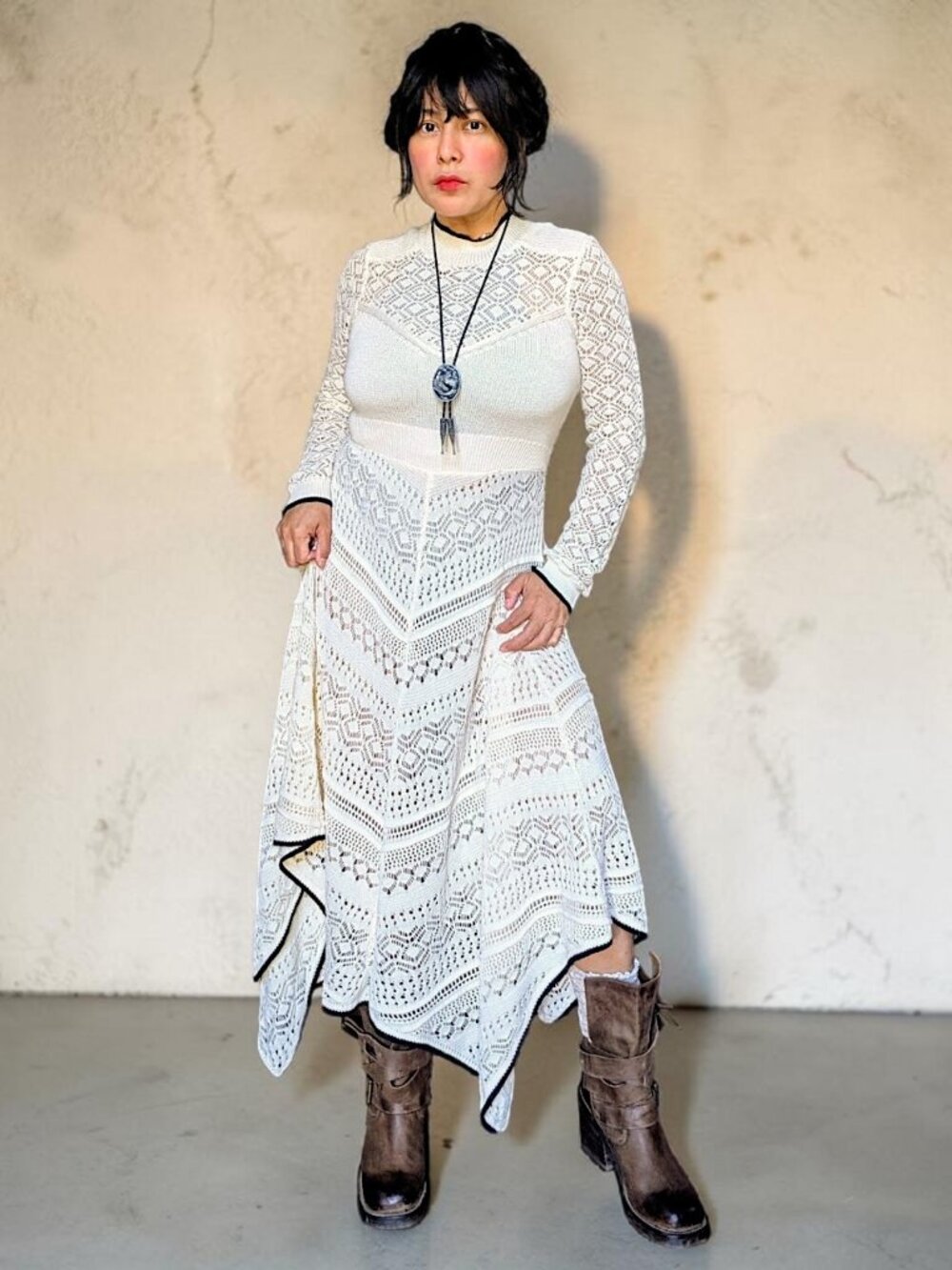 Anthropologie crochet boho fairy Victorian cottage antique beige midi dress S